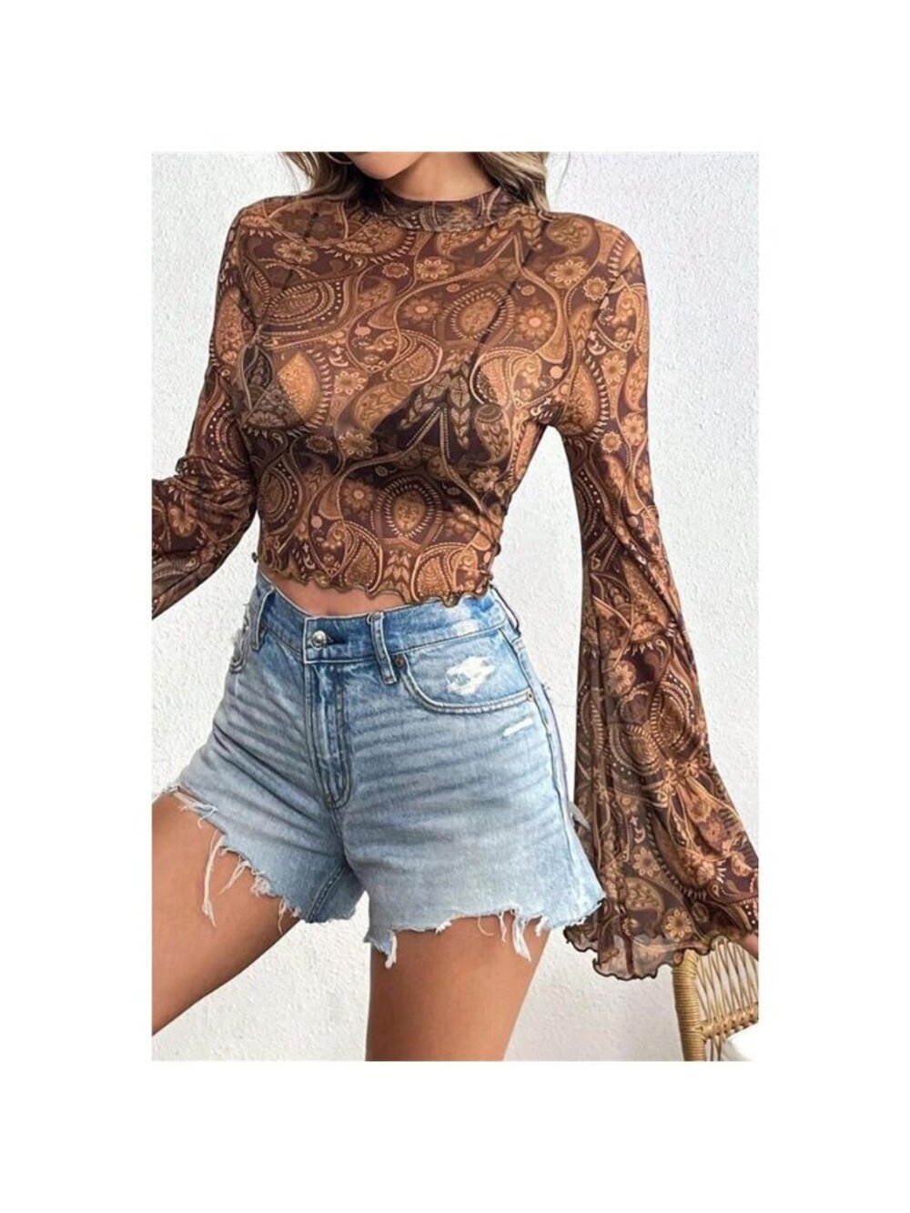 Printed Mock Neck Flare Sleeve Top
